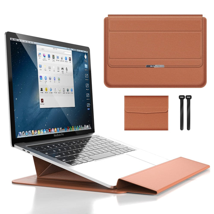Laptopfodral med ergonomiskt handledsstöd och stativ. Förbättrar arbetsställningen.