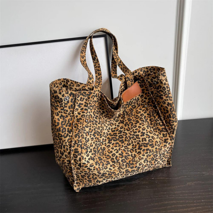 Överdimensionerad leopard canvas axelväska för dam, trendig vardagsväska med djurmönster.