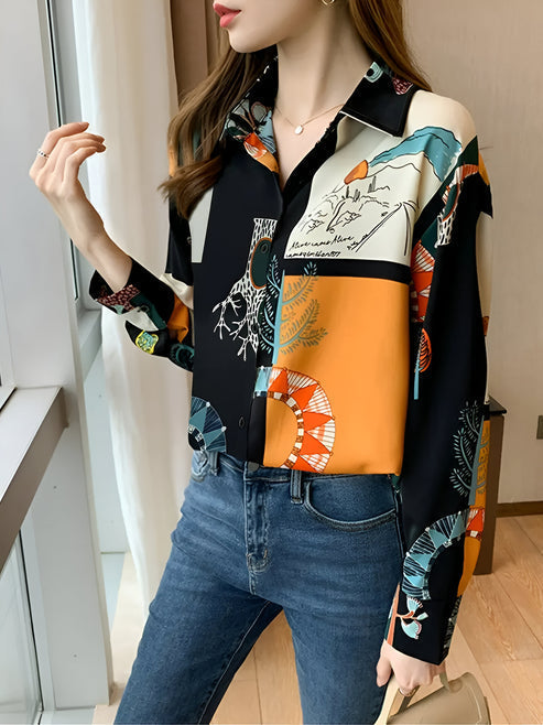 Bekväm dam blus i vintage stil. Förtrollande mönster i bomullsblandning för en tidlös och elegant look.