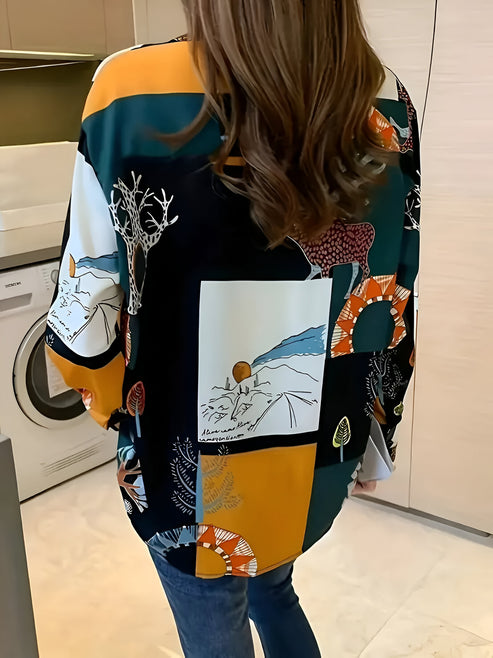 Tidlös vintage damtopp med unikt mönster. Elegant bomullsblandningsblus, perfekt för vardag eller fest.