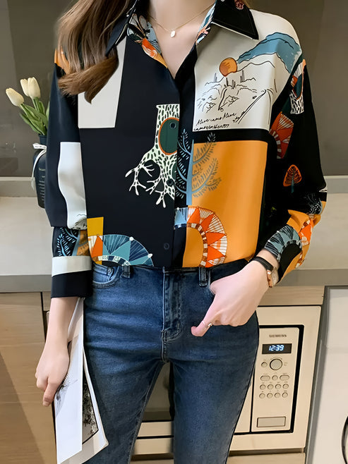Mönstrad damtopp i vintage design, tillverkad av skön bomullsblandning. En elegant och tidlös blus.