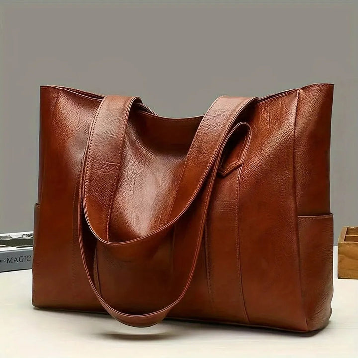 Elegant brun axelväska i vintage PU-läder för dam, stor kapacitet, mångsidig modeväska