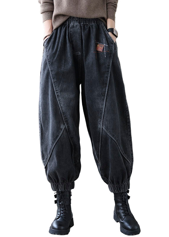 Vintage denimstil byxor med elastisk midja för dam, avslappnad passform, svarta, vårkläder