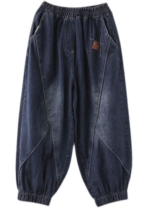 Blå dambyxor i denimstil med elastisk midja, fickor och bomull, bekväma vårkläder
