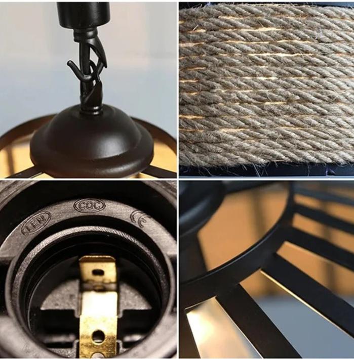 Heminredning med hampa lampa. En retro taklampa med vintage industriell belysningsdesign.