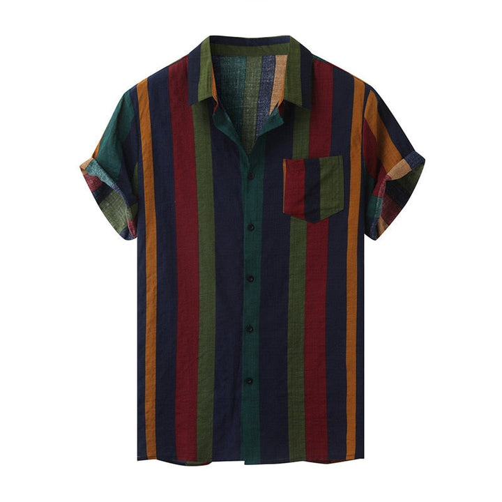 Vintage hawaii herrskjorta med kort ärm, randig mönster, avslappnad stil, för sommar och strand.