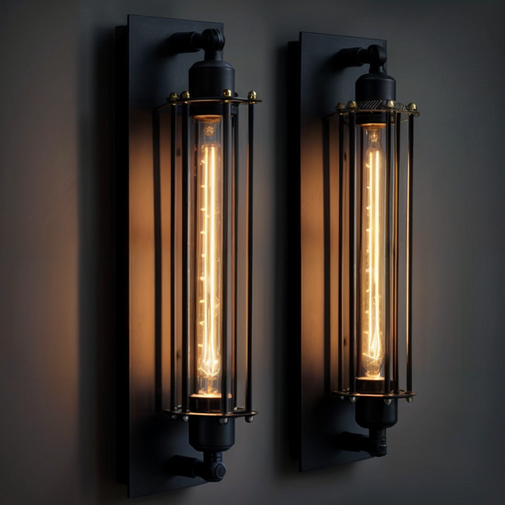 Vägglampa med industriell charm, vintage look i metall, perfekt för sovrumsdekoration.
