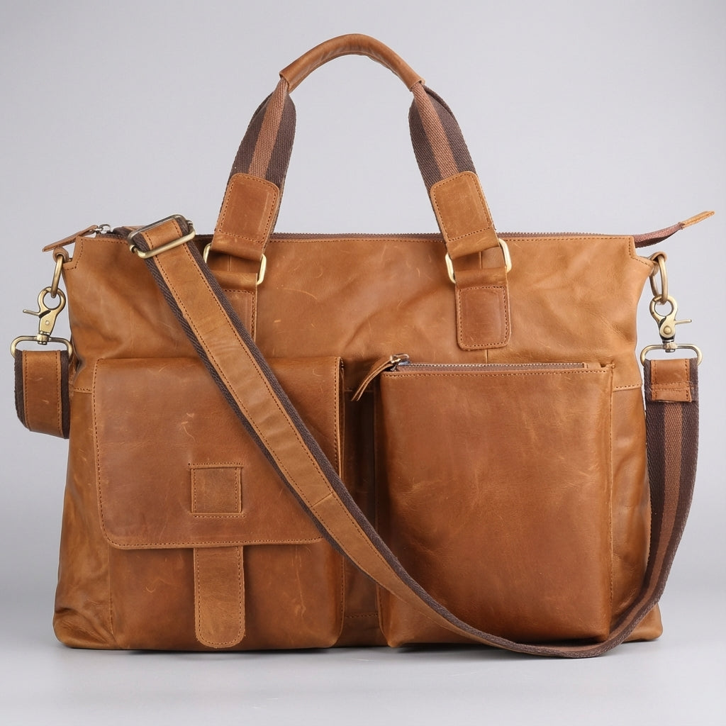 Tidlös arbetsväska i mörkbrun vintagestil, praktisk laptopväska för både dam och herr.