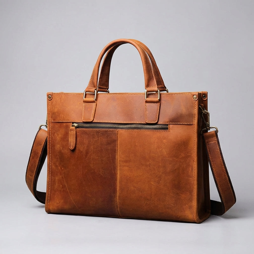 Unisex arbetsväska för laptop upp till 16 tum. Mörkbrun läderdesign, perfekt som pendlarväska.