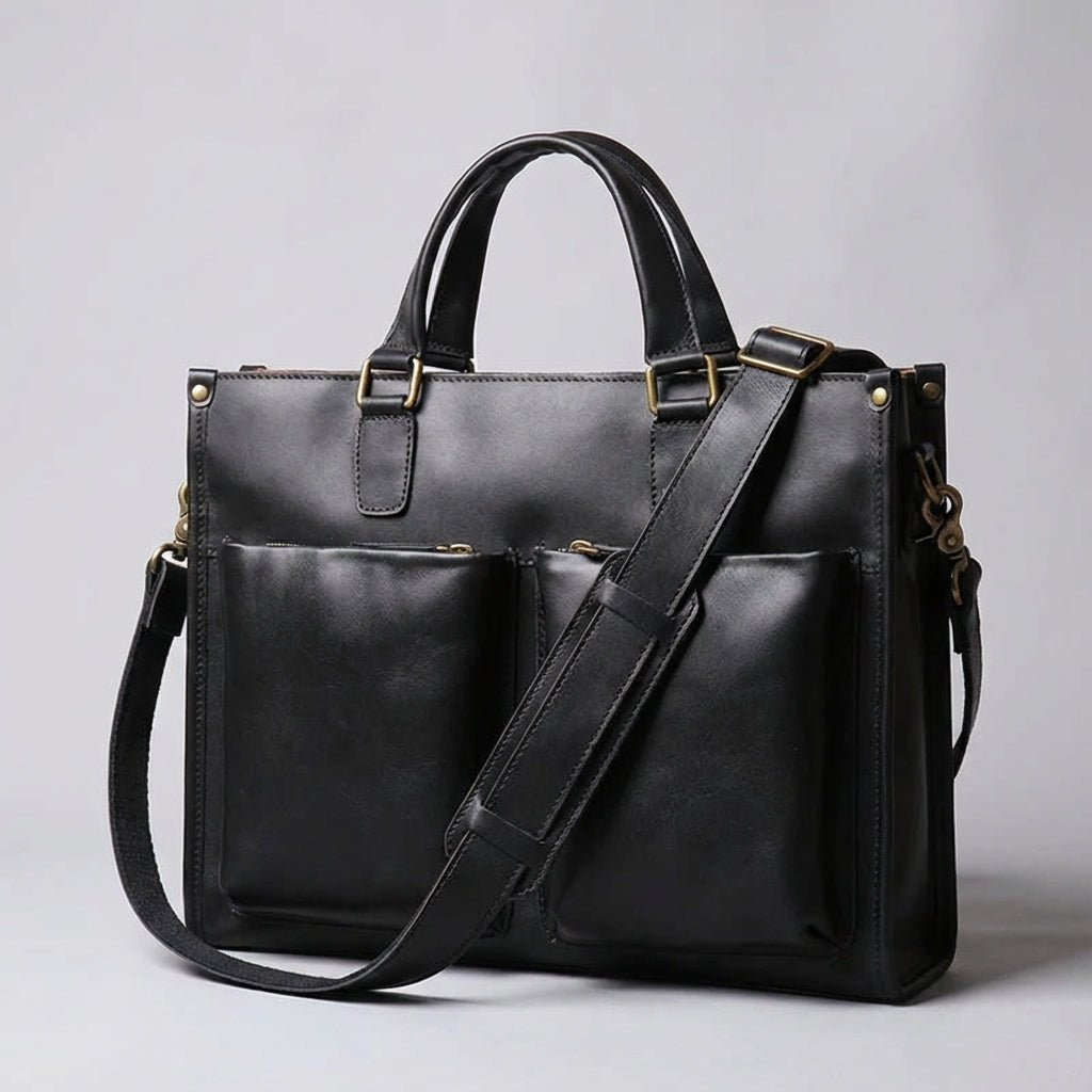 Elegant brun vintage laptopväska, 16 tum. Robust unisex affärsväska med axelrem för professionellt bruk.