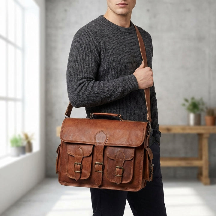 Vintage messenger väska i getskinn. Handgjord läderväska med axelrem, perfekt för unisex användning.