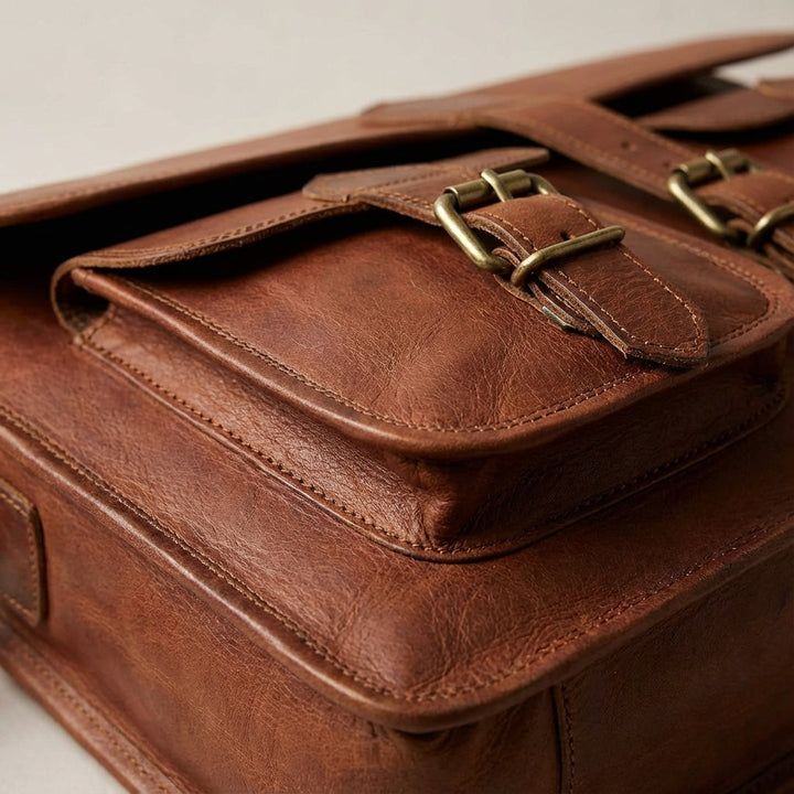 Detaljbild på handgjord vintage messenger bag i slitstarkt getskinn, perfekt som unisex läderväska.