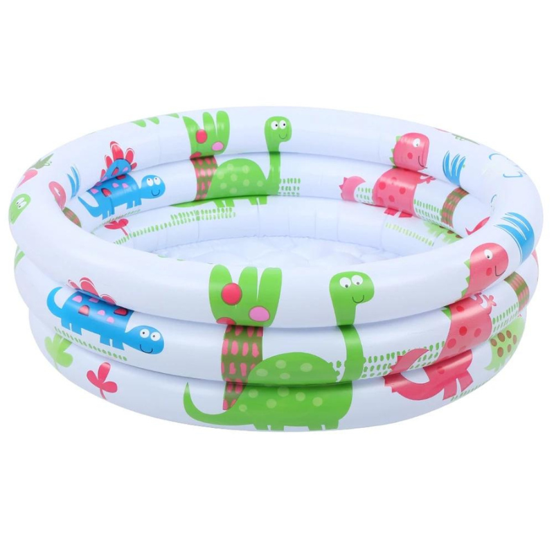 Vit bärbar uppblåsbar babypool, perfekt för barnens sommarlek i trädgården.