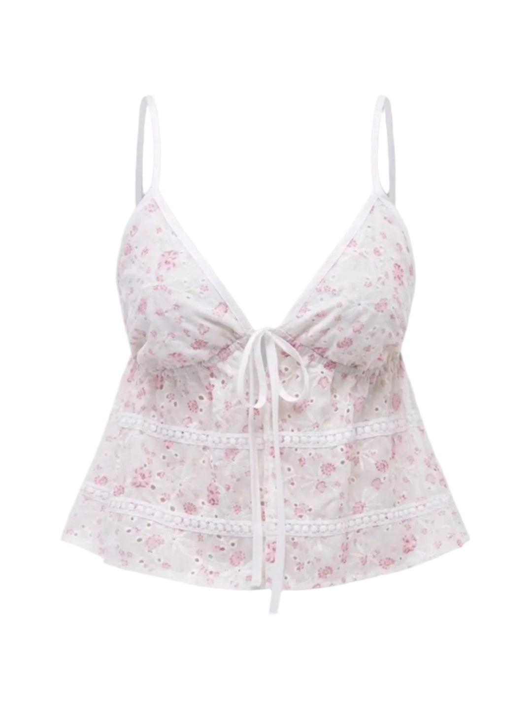 Vit blommig cami topp för kvinnor med elegant knytning fram. Perfekt ärmlöst linne för sommar och semester.