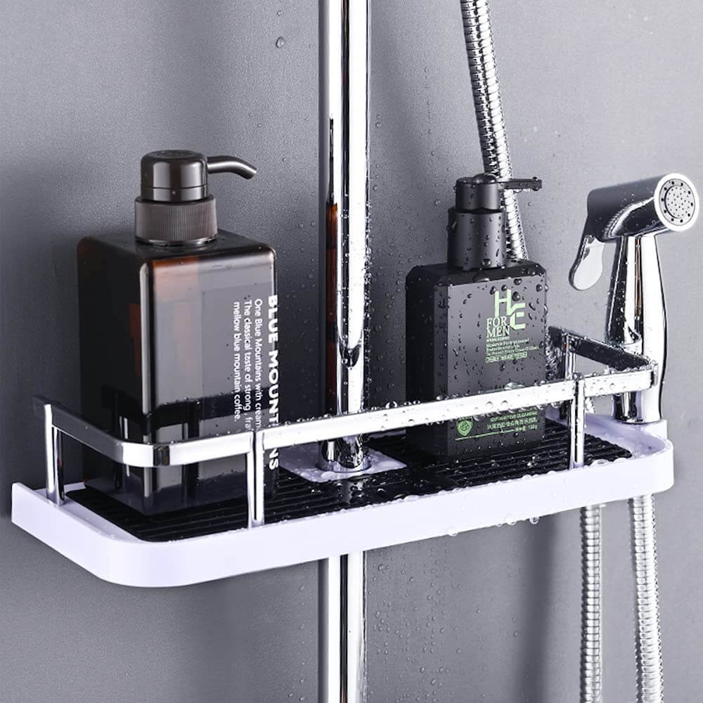 Närbild av modern duschhylla organizer med flera fack för badrumsartiklar, enkel att montera.