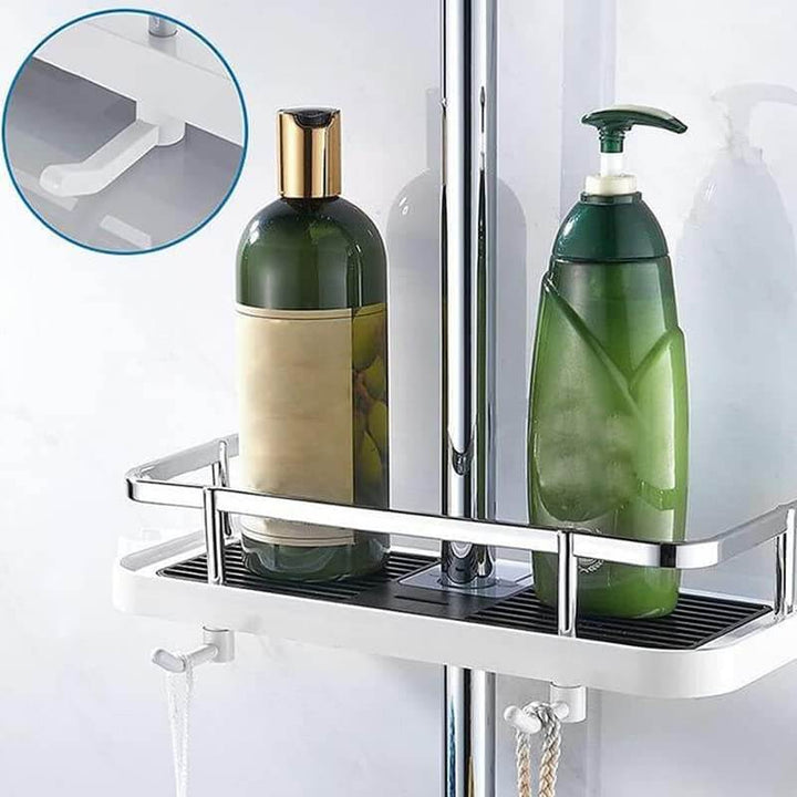 Elegant badrumsinredning: borrfri duschhylla organizer i vit design, håller ordning i duschen.