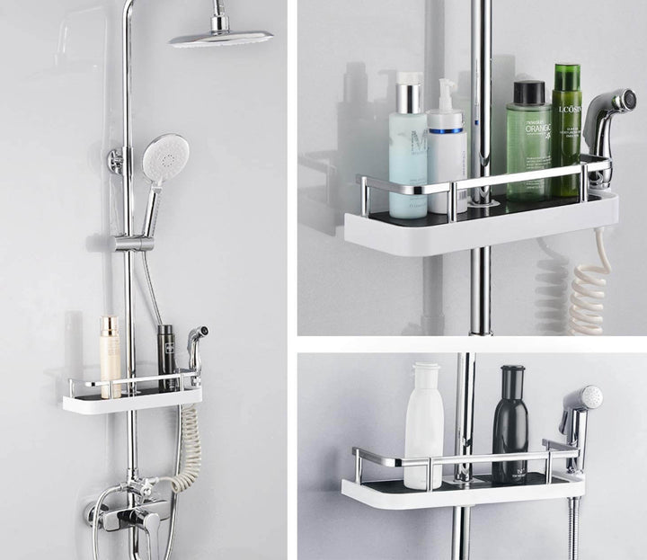 Produktskydd: Nya duschhyllan organizer i förpackning, redo att installeras i badrummet.