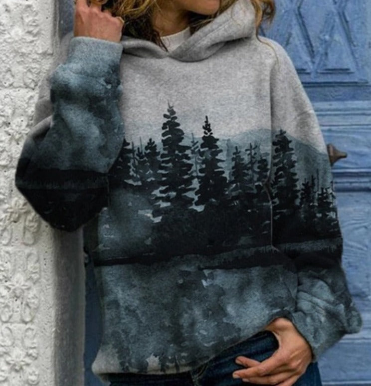 Långärmad vit damtröja i bomull/polyester med unikt bergsmotiv & tie-dye. Perfekt för fritid.