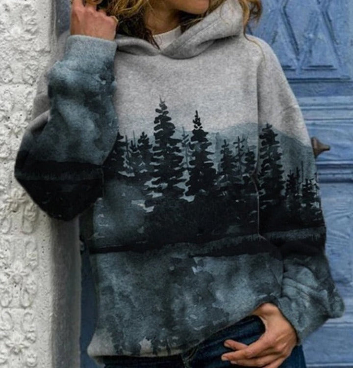Långärmad vit damtröja i bomull/polyester med unikt bergsmotiv & tie-dye. Perfekt för fritid.
