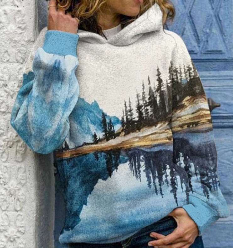 Sweatshirt för kvinnor med o-hals, bergstryck och vit tie-dye. Lös passform, stilren och bekväm.