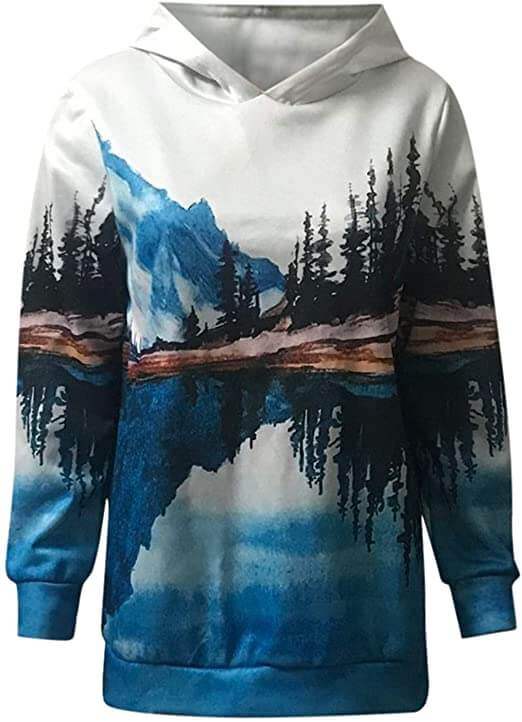 Bekväm vit damsweatshirt med trendigt bergstryck och tie-dye. Idealisk för en avslappnad stil.