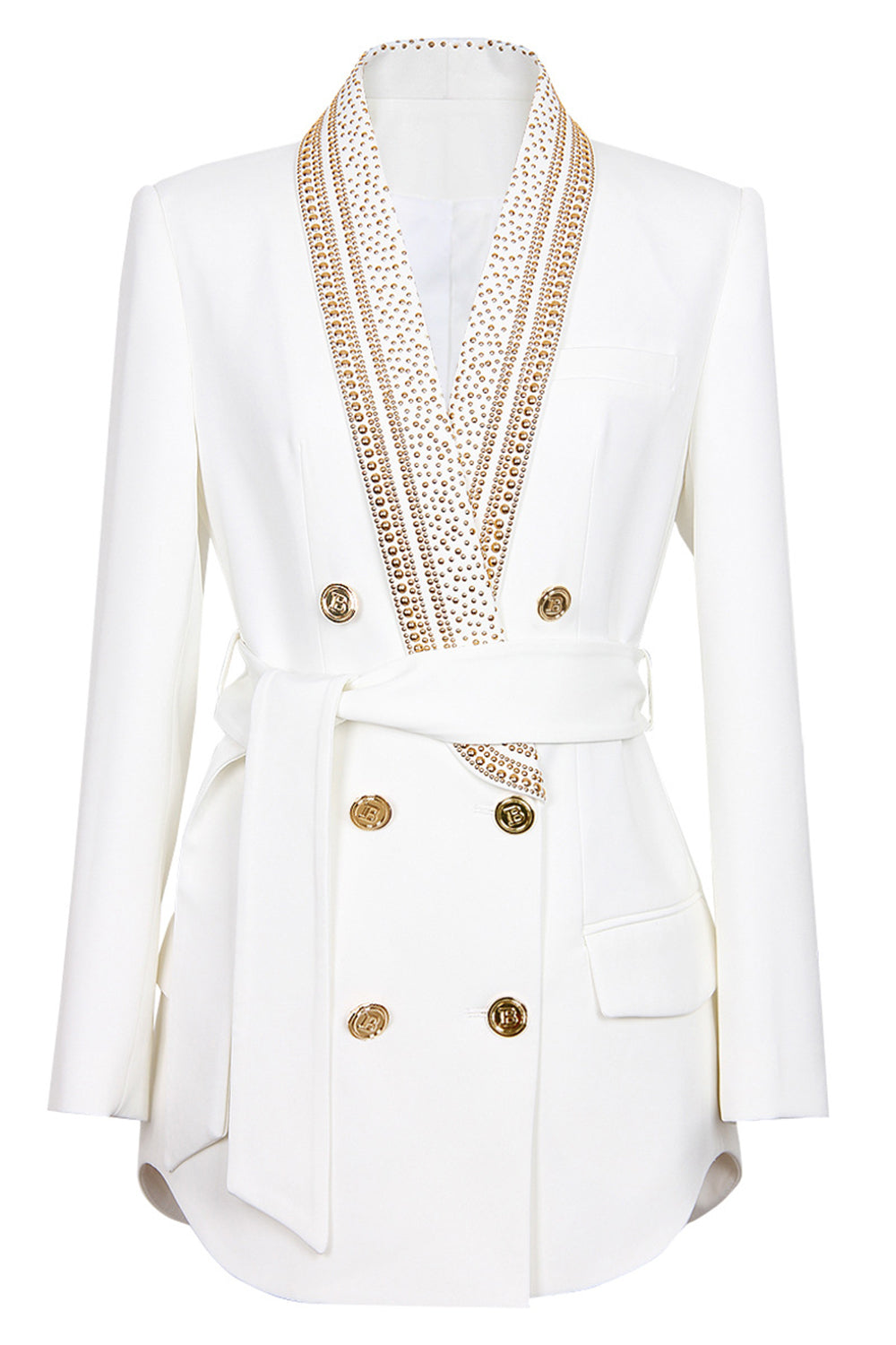 Exklusiv vit dam blazer med dubbelknäppning och glänsande guldperlor. Perfekt för en elegant look.