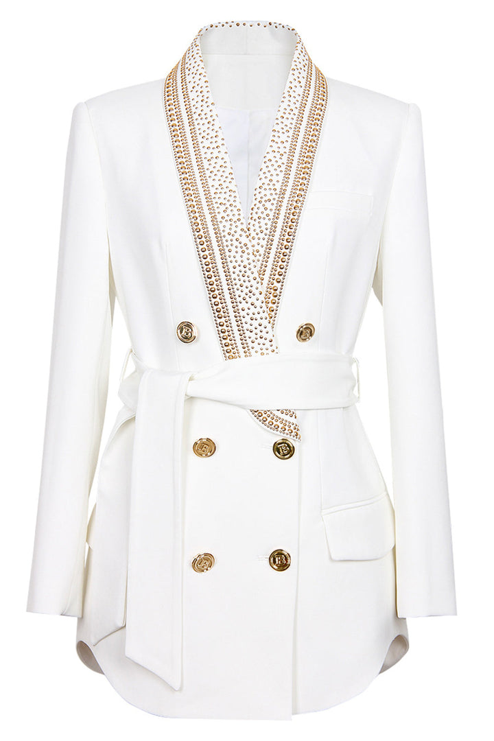 Exklusiv vit dam blazer med dubbelknäppning och glänsande guldperlor. Perfekt för en elegant look.