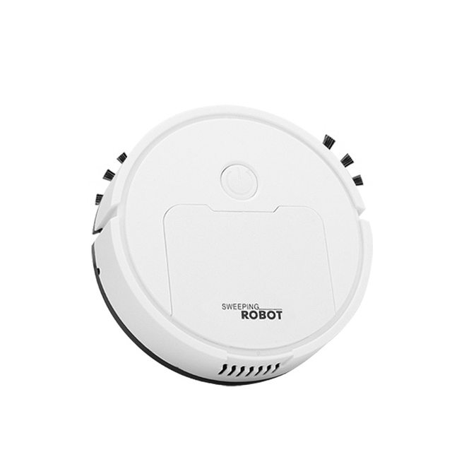 Vit robotdammsugare med stark sugkraft och smart navigering på trägolv
