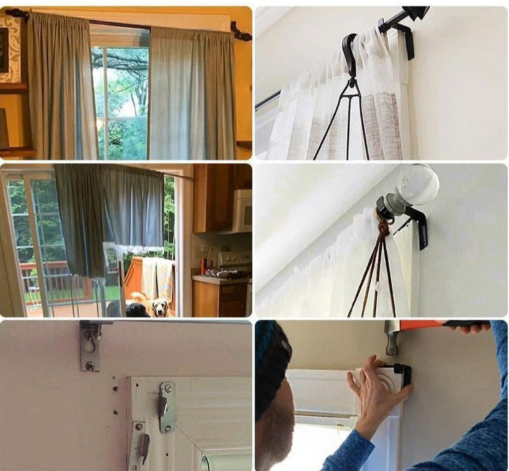 Förpackning med borrfria gardinfästen avsedda för gardinstänger, enkel montering.