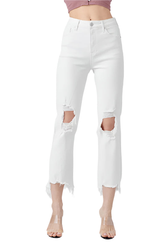 Vita raka cropped jeans med hög midja för dam, perfekt sommarstil