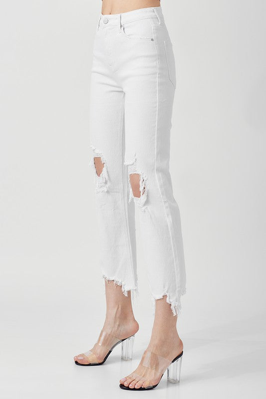 Kvinnors vita raka cropped jeans av bomull, bekväma och trendiga