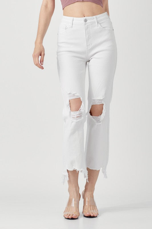Damjeans med hög midja, vita och raka i cropped modell för casual bruk