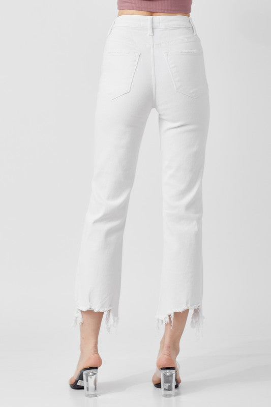 Sommarjeans: vita, raka, cropped bomullsjeans med hög midja för kvinnor